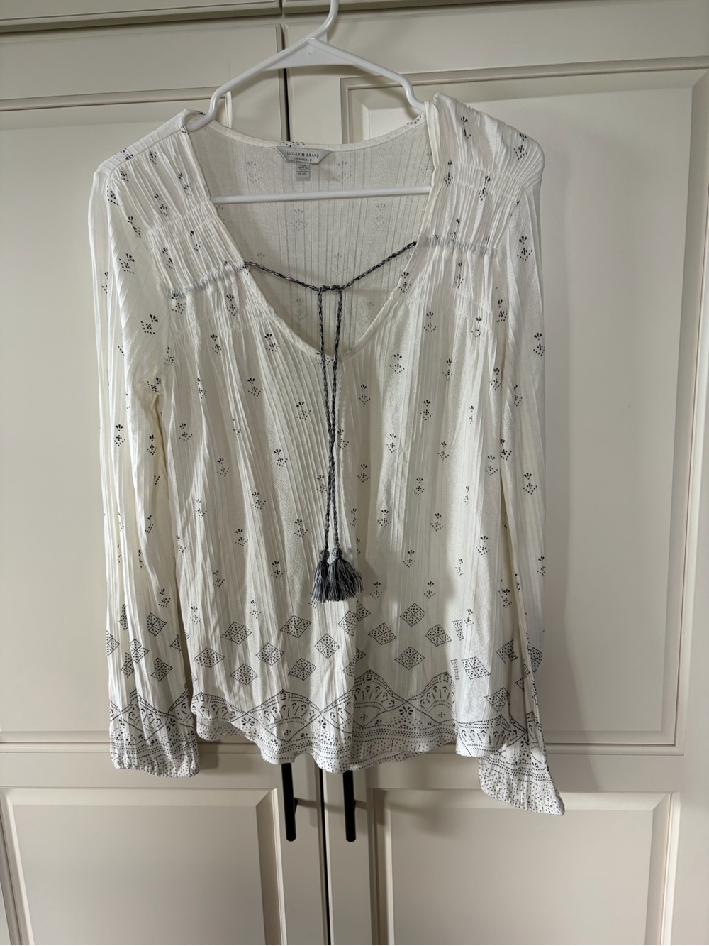 Ivory Boho Peasant Blouse Long Sleeve with Tassel Tie - Lucky Brand- Women’s S